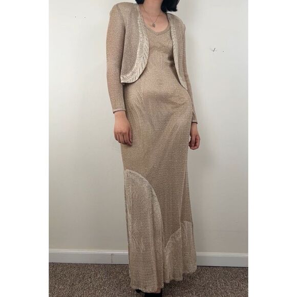 Vintage Dresses & Skirts - Vintage Damianou Gold Crochet 2-Piece Gown with Jacket